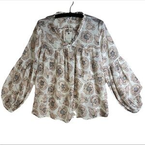Lucky Brand Balloon  Sleeve Blouse Bohemian Floral Print Sheer Peasant Sz L NWT